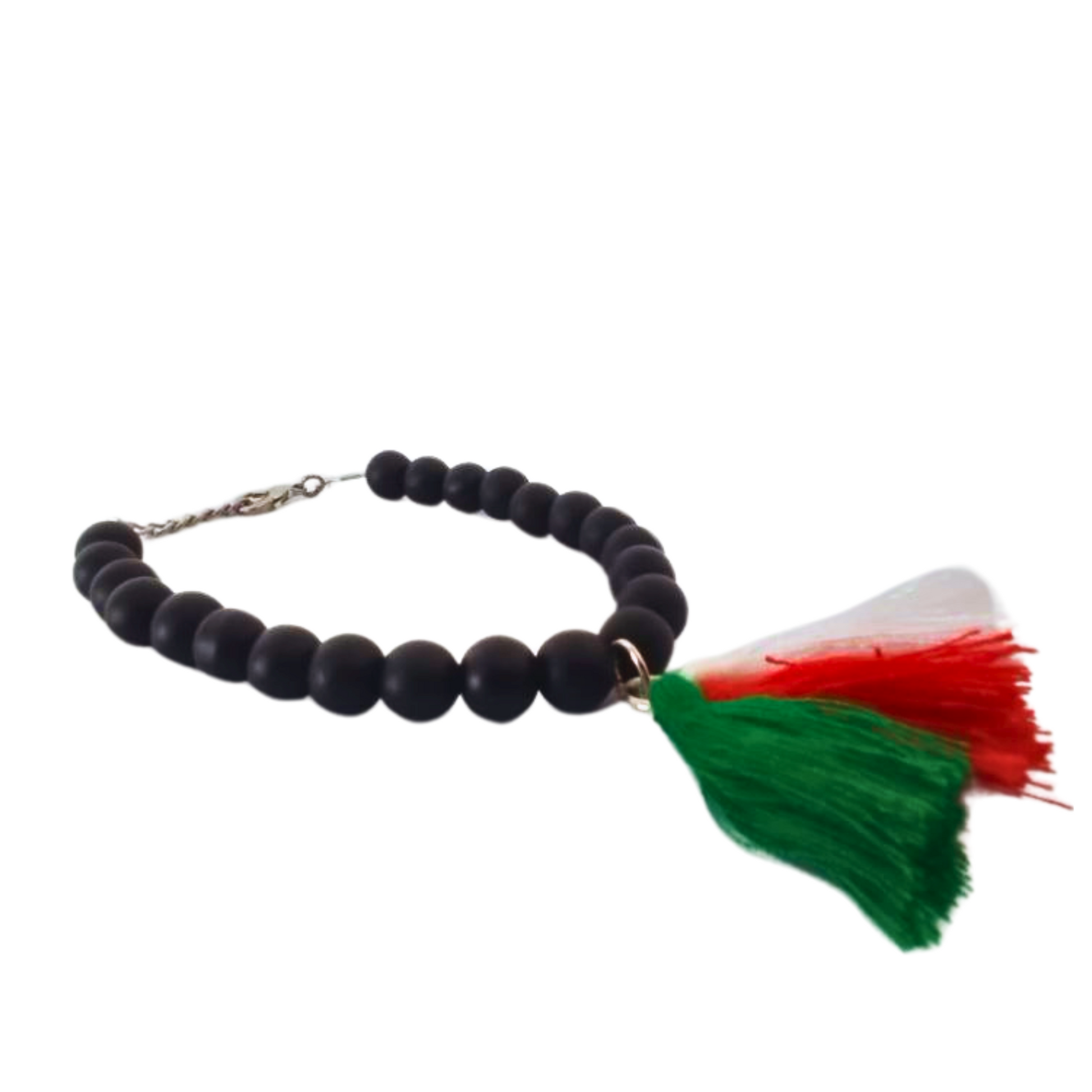black handmade bracelet with Flag Tassel that has red , green and white , side picture