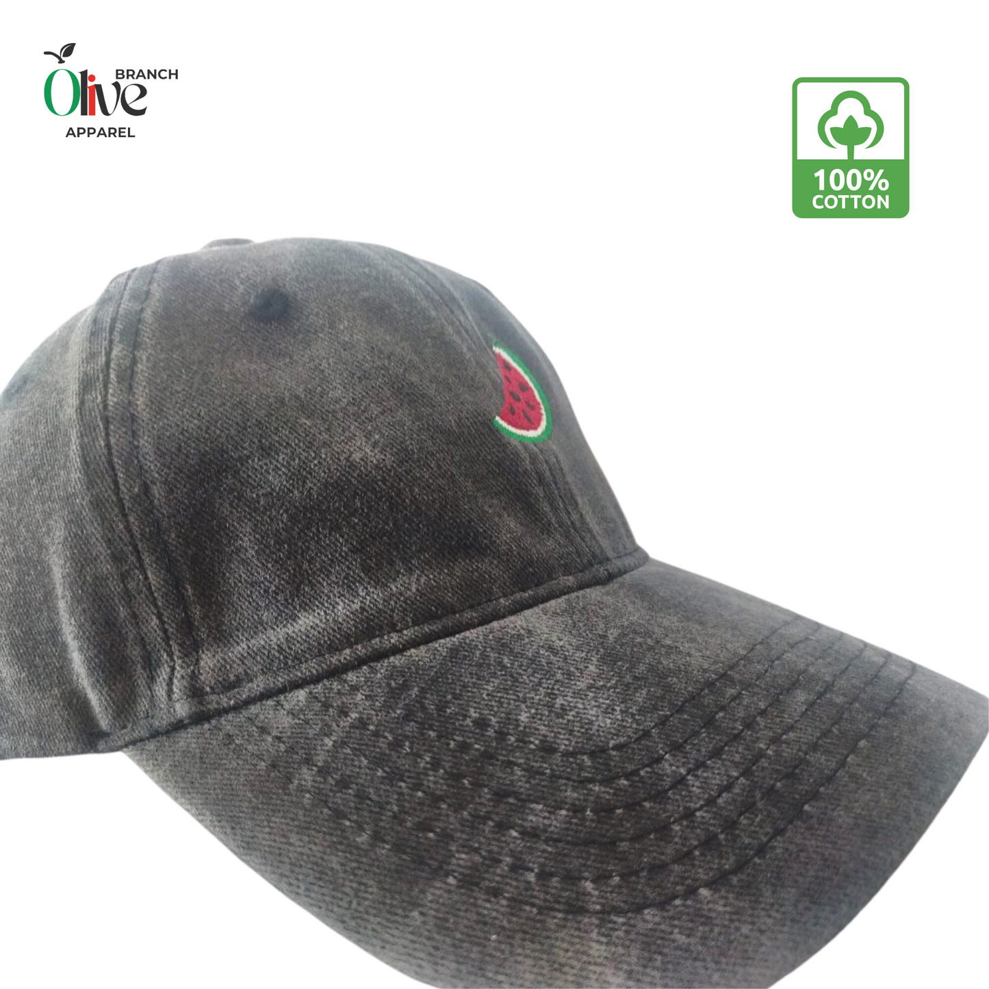 side view watermelon embroidered black hat 