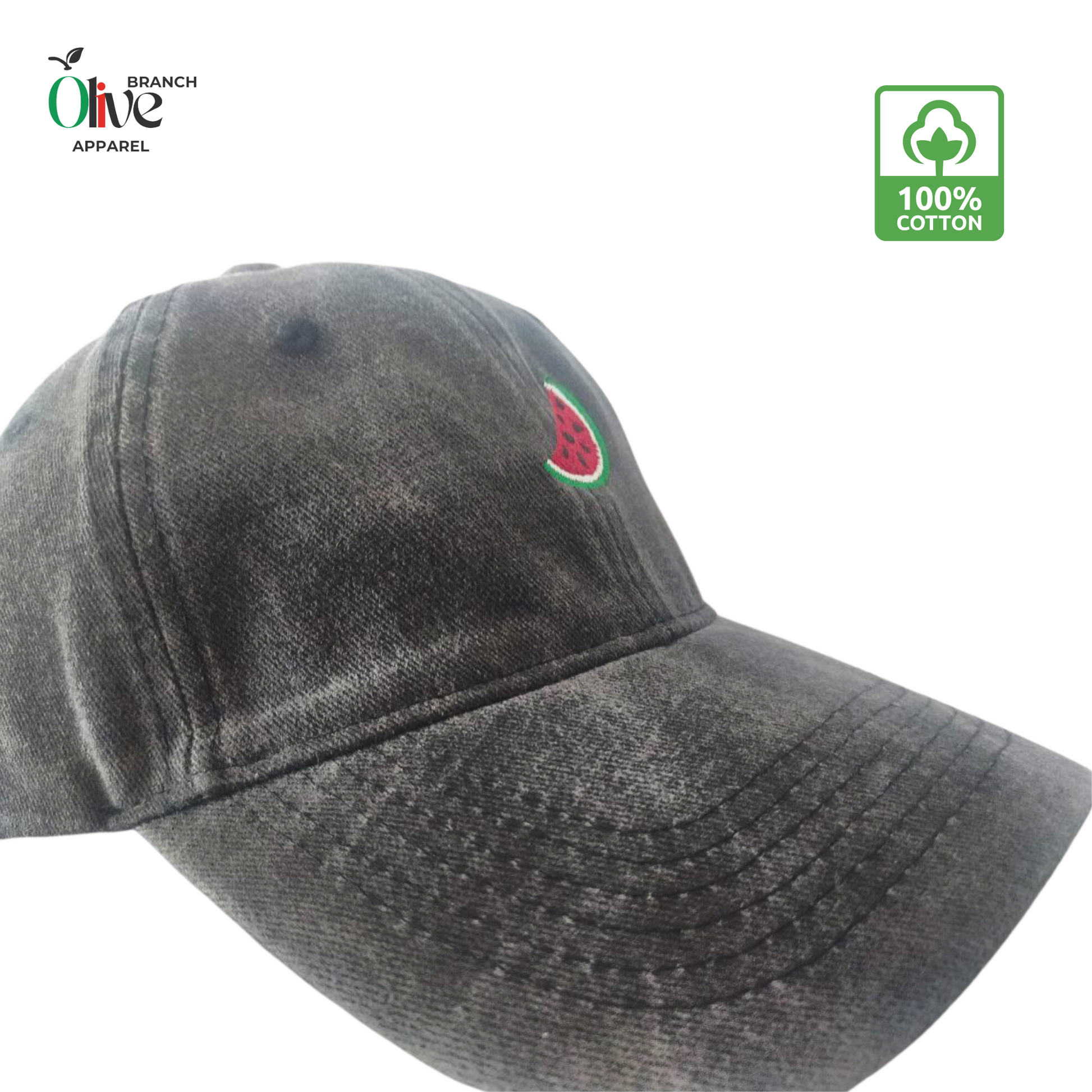 side view watermelon embroidered black hat 