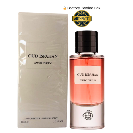 Oud Ispahan by Fragrance World displayed with box and bottle, showcasing its luxurious oriental fragrance packaging.