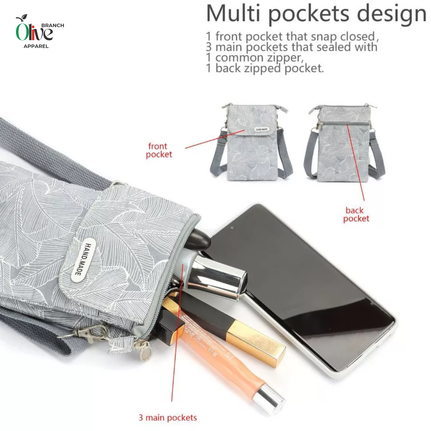 floral crossbody shoulder bag showing front and back pockets 