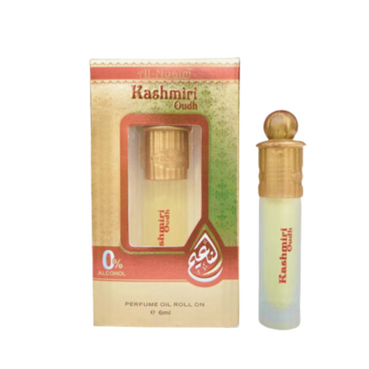 Front Box PIcture Al Nuaim Kashmiri Oud with 6ml bottle with cap on the side