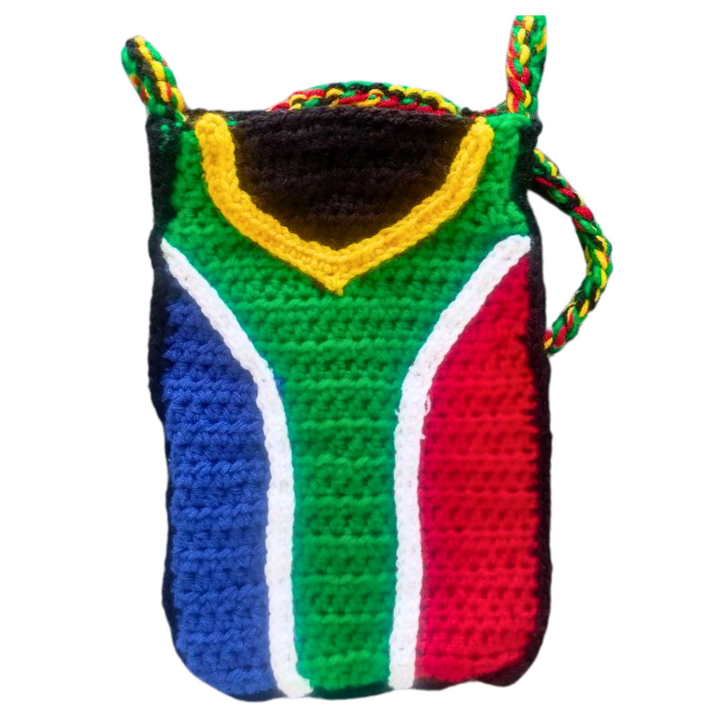 front picture of crochet handbag with south african flag
