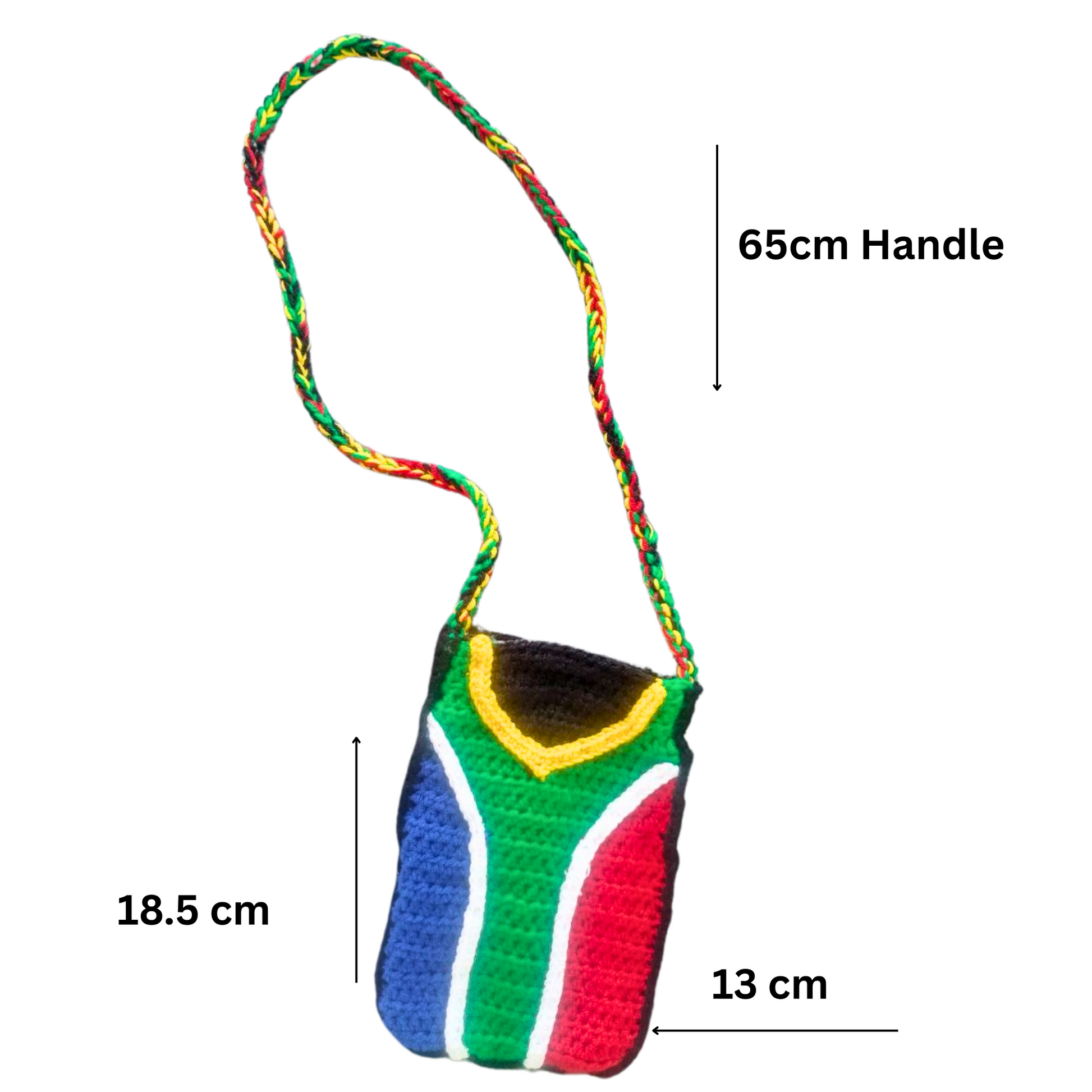 front picture of south african flag handbag that has 13cm width , 18.5cm height and 65cm handle 